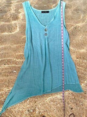 Vintage Aqua Blue Semi Sheer Asymmetrical Dress Coverup ⭐️ Shell Button Details